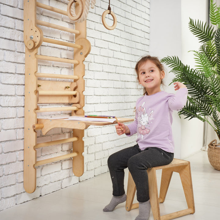 5 in 1 Climbing Set: Adjustable Pikler Triangle + Swedish Ladder Wall Attachments + Reversible Ramp + Swing Set + Desk/Easel Attachment