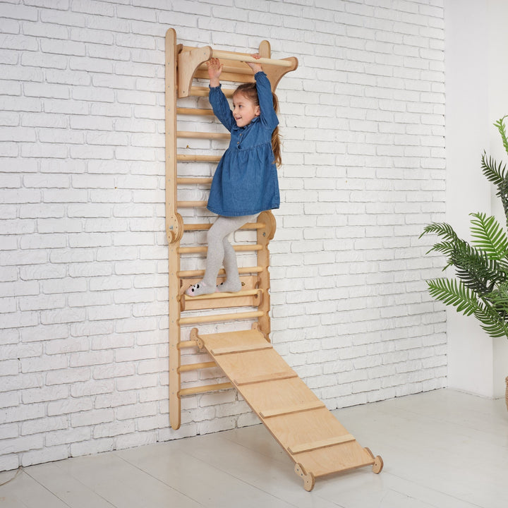 5 in 1 Climbing Set: Adjustable Pikler Triangle + Swedish Ladder Wall Attachments + Reversible Ramp + Swing Set + Desk/Easel Attachment