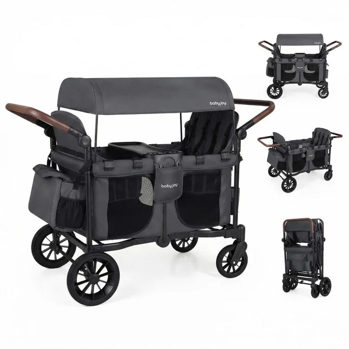 Black baby stroller with canopy and storage baskets, shown in various angles on a white background.