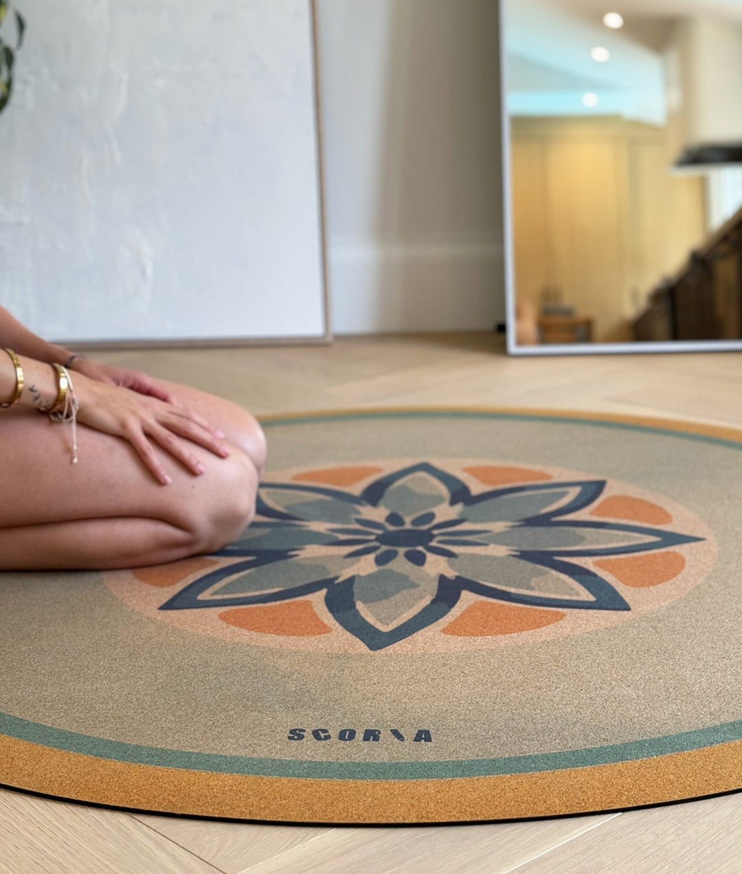 XL Cork Yoga Mat (53" diameter - Round) - Blue Petals