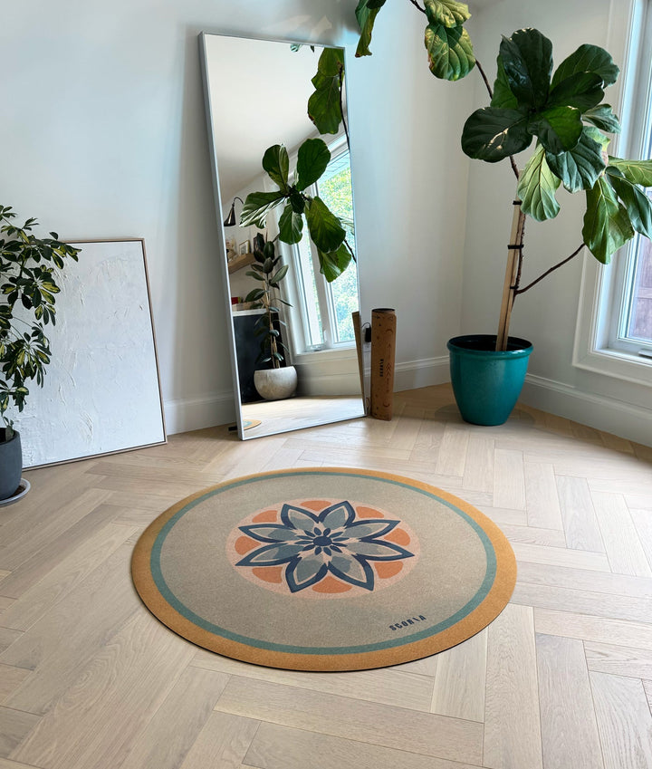 XL Cork Yoga Mat (53" diameter - Round) - Blue Petals