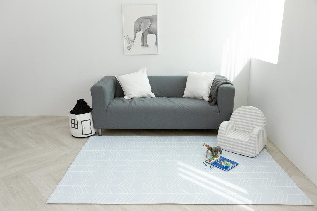 Baby Care Grey with Stripe kids sofa in a living room