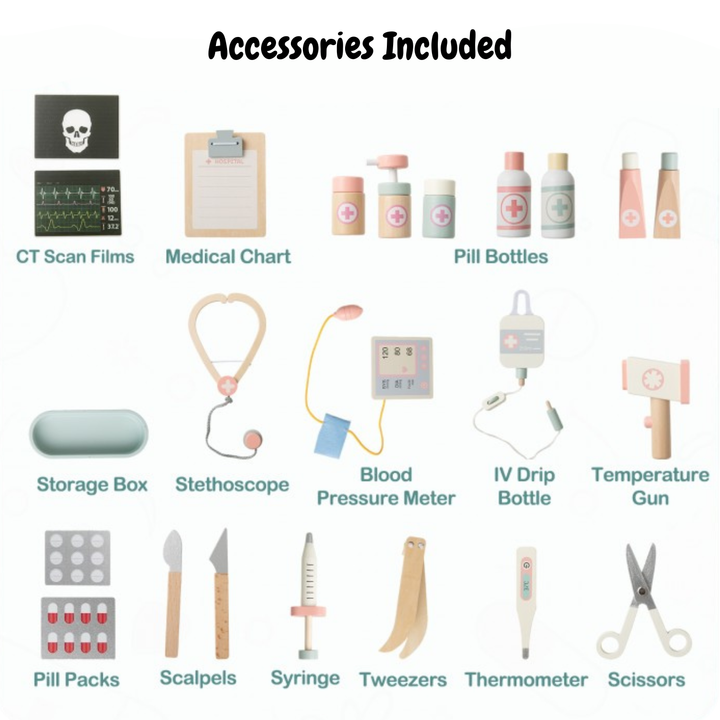 Wooden Doctor Playset for Kids with Cart – Pretend Play Medical Kit for Toddlers (Ages 3+)