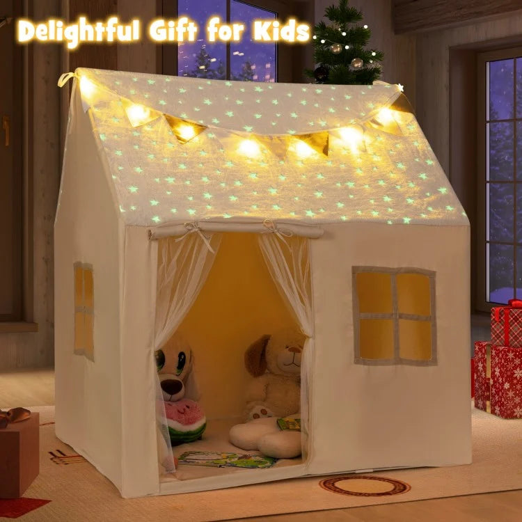 Kids Large Playhouse with String Lights, Glow in the Dark Stars and Mat