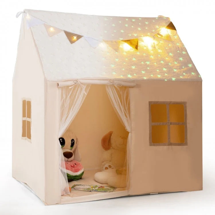 Kids Large Playhouse with String Lights, Glow in the Dark Stars and Mat