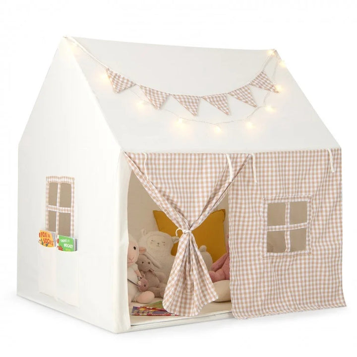 Children's play tent with lights and toys inside on a white background