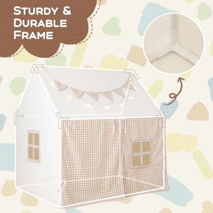 Children's playhouse with checkered design on a patterned background, highlighting durability.