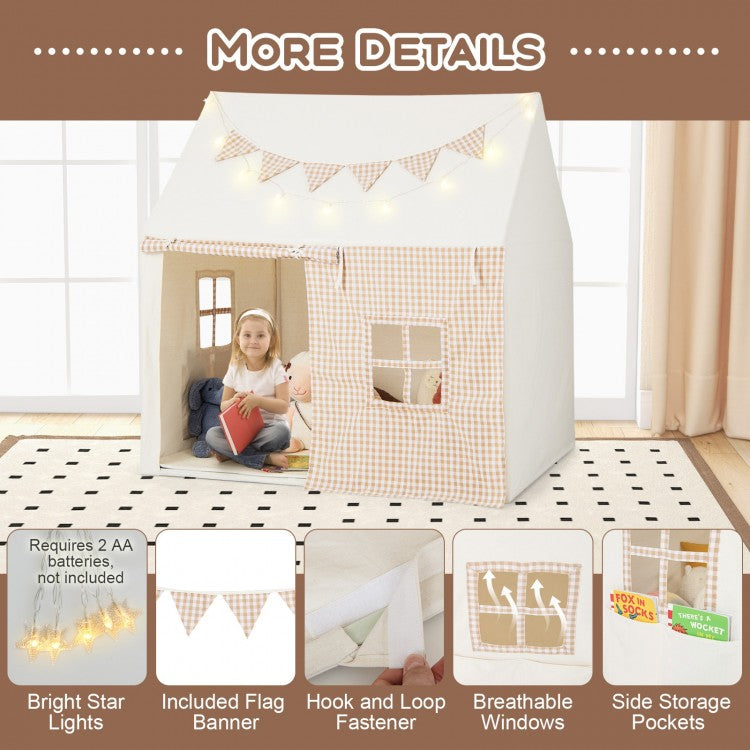 Kids Large Playhouse with String Lights and Mat
