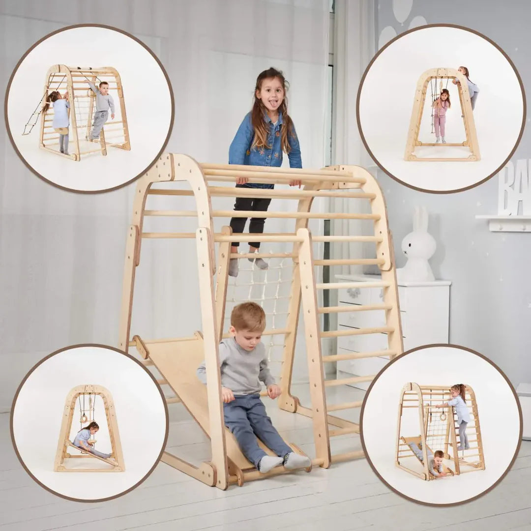 6 In 1 Wooden Climbing Frame: Climber + Swings Set + Slide Board