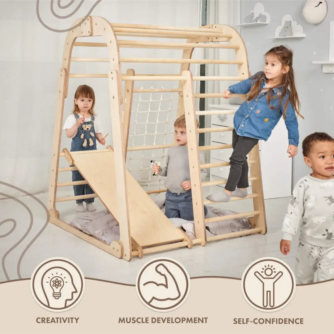 6 In 1 Wooden Climbing Frame: Climber + Swings Set + Slide Board