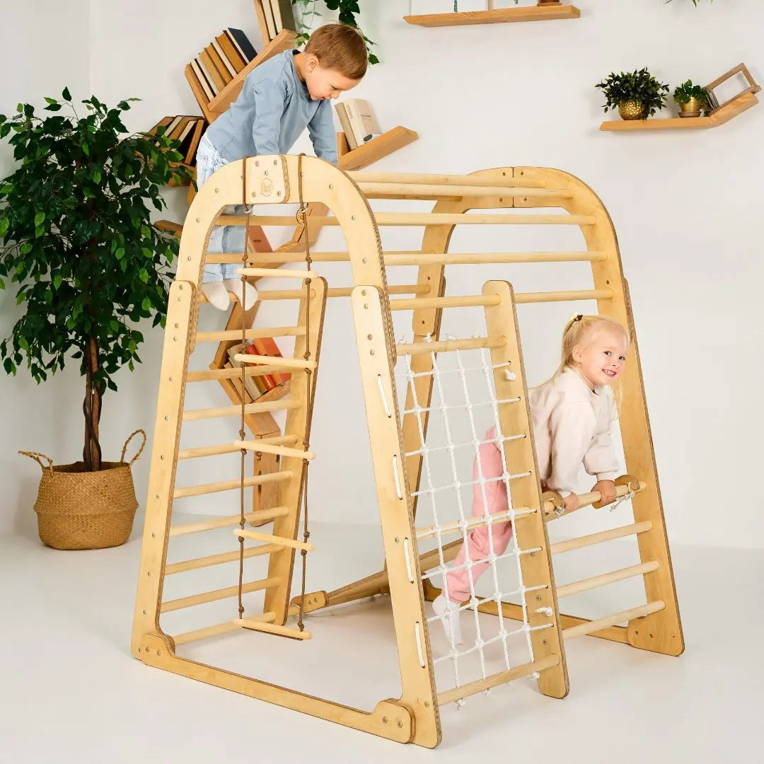 6 In 1 Wooden Climbing Frame: Climber + Swings Set + Slide Board