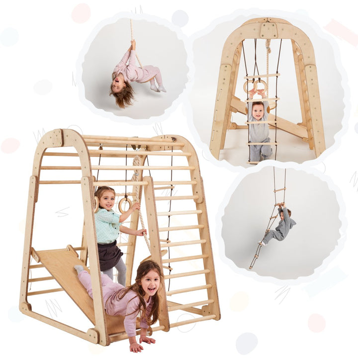 6 In 1 Wooden Climbing Frame: Climber + Swings Set + Slide Board