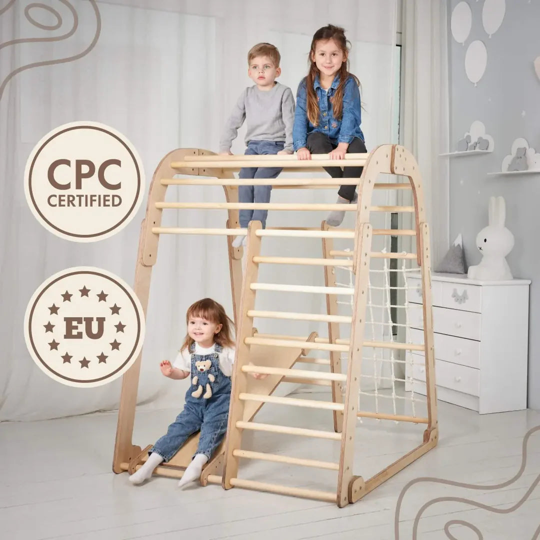 6 In 1 Wooden Climbing Frame: Climber + Swings Set + Slide Board