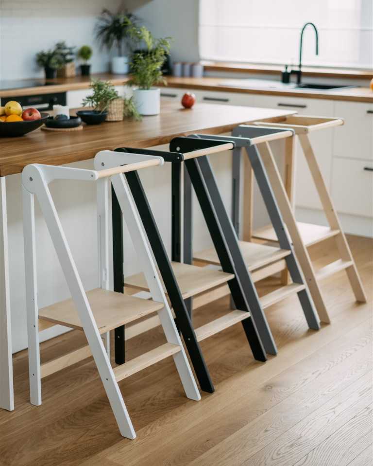 Foldable wooden learning tower beside a kitchen counter
