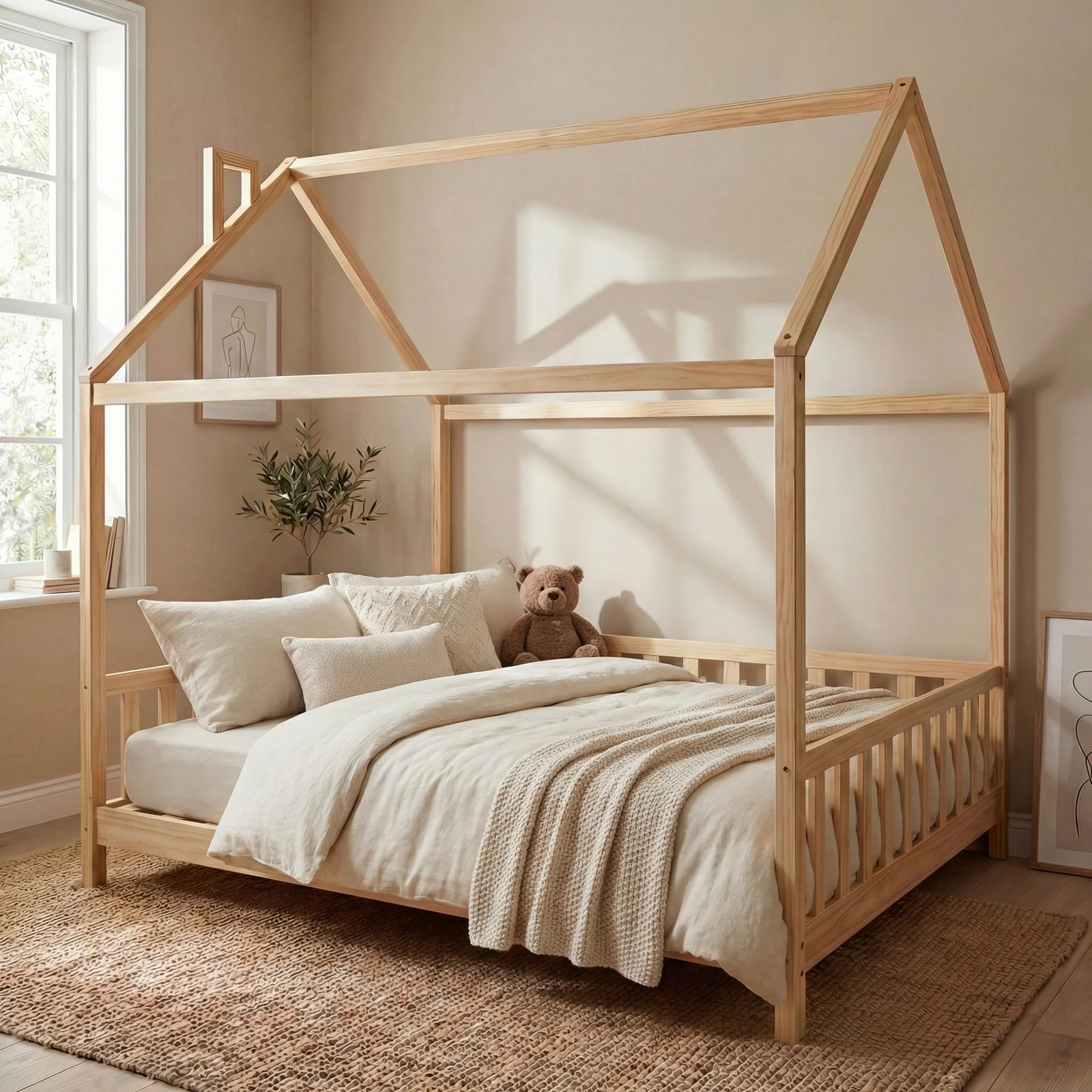 A Montessori bedroom with a wooden house bed