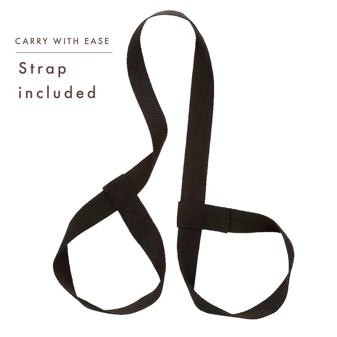 Black strap on a white background with text 'Carry with Ease' and 'Strap included'.