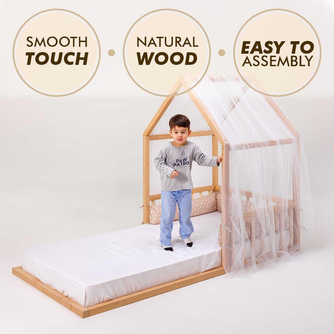 Montessori House Floor Bed With Fence and Roof  - Twin Size
