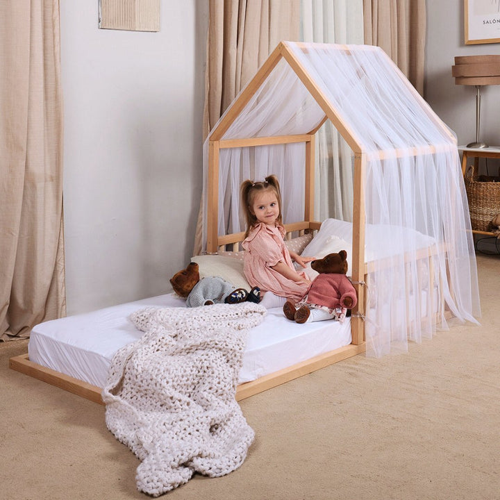 Montessori House Floor Bed With Fence and Roof  - Twin Size