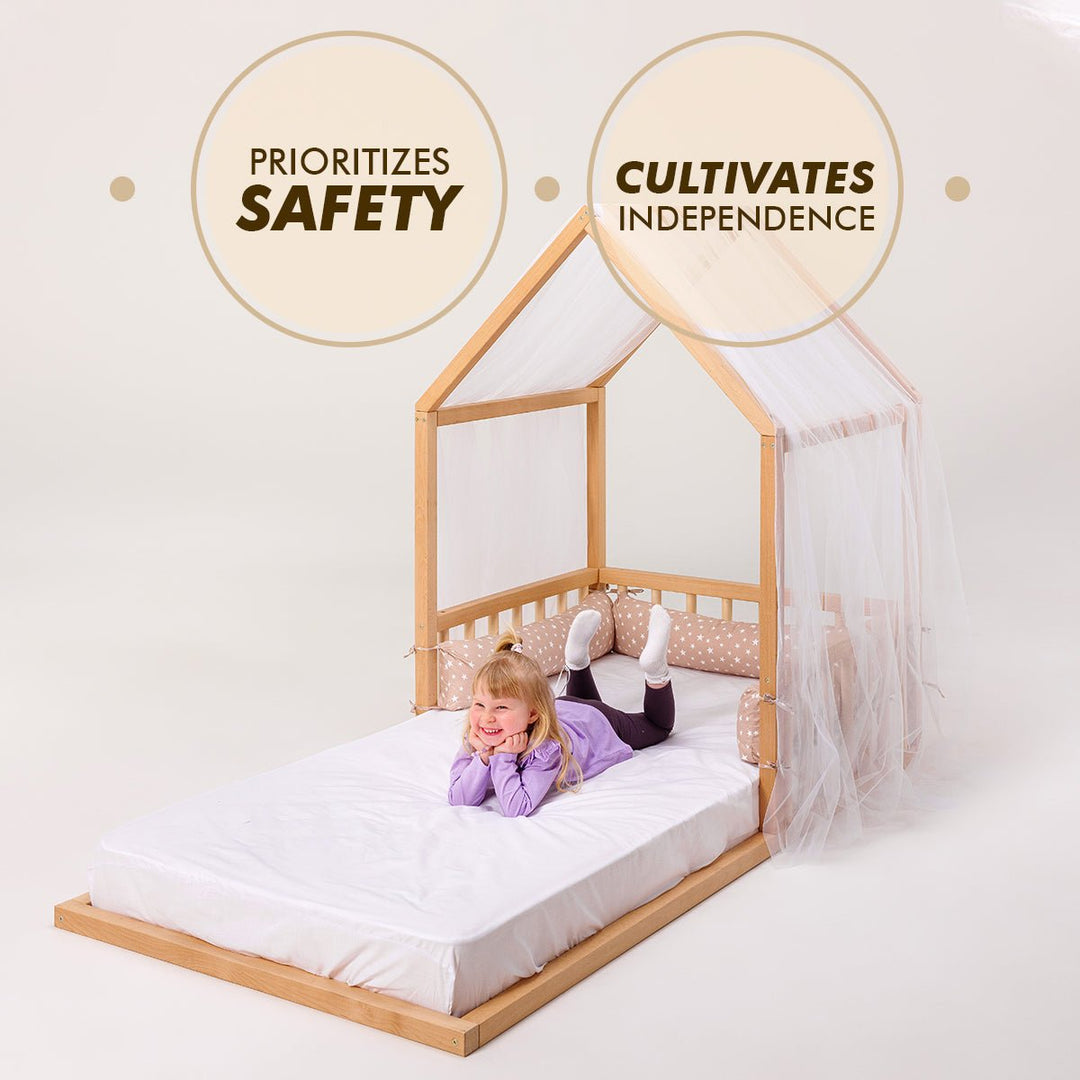 Montessori House Floor Bed With Fence and Roof  - Twin Size
