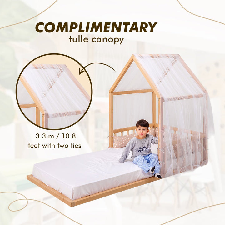 Montessori House Floor Bed With Fence and Roof  - Twin Size