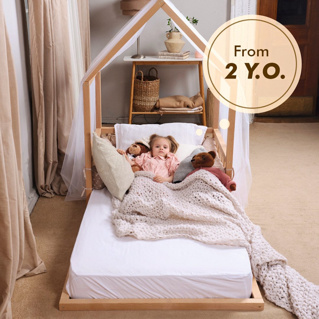 Montessori House Floor Bed With Fence and Roof  - Twin Size