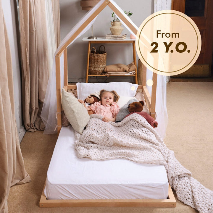 Montessori House Floor Bed With Fence and Roof  - Twin Size