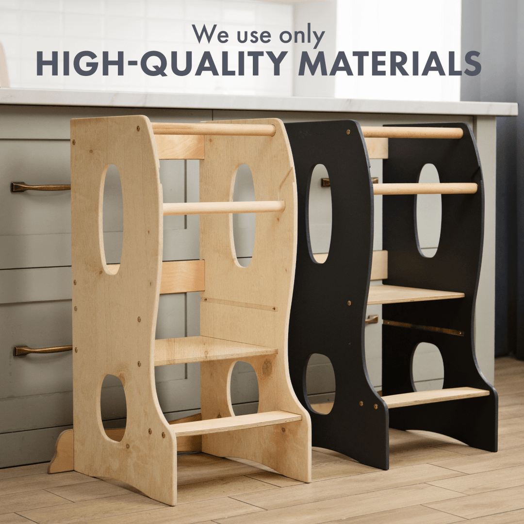 Two wooden step stools, one light wood and one black, on a wooden floor with text 'We use only HIGH-QUALITY MATERIALS'.