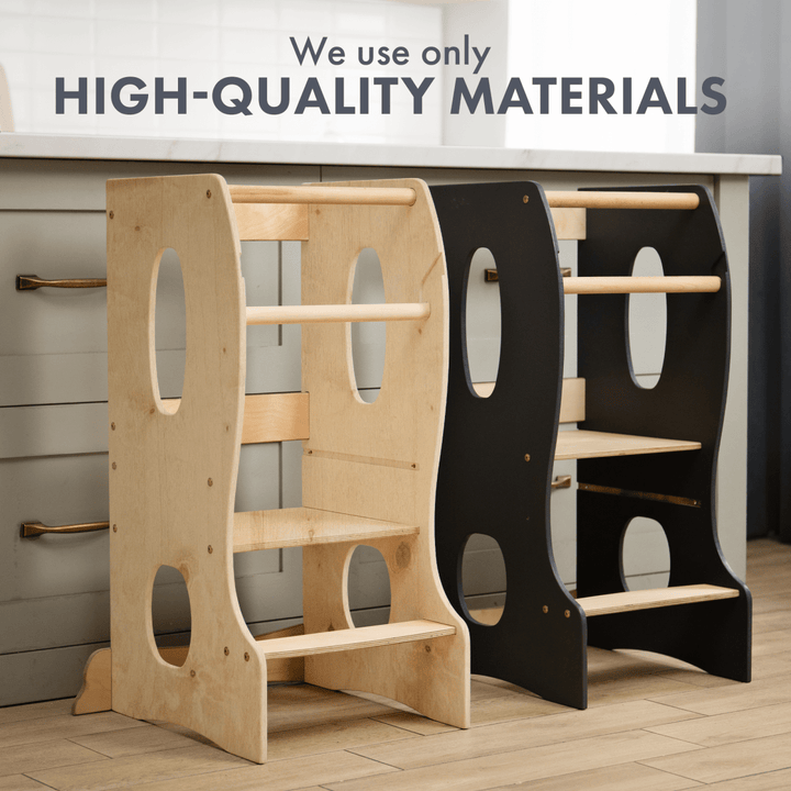 Two wooden step stools, one light wood and one black, on a wooden floor with text 'We use only HIGH-QUALITY MATERIALS'.