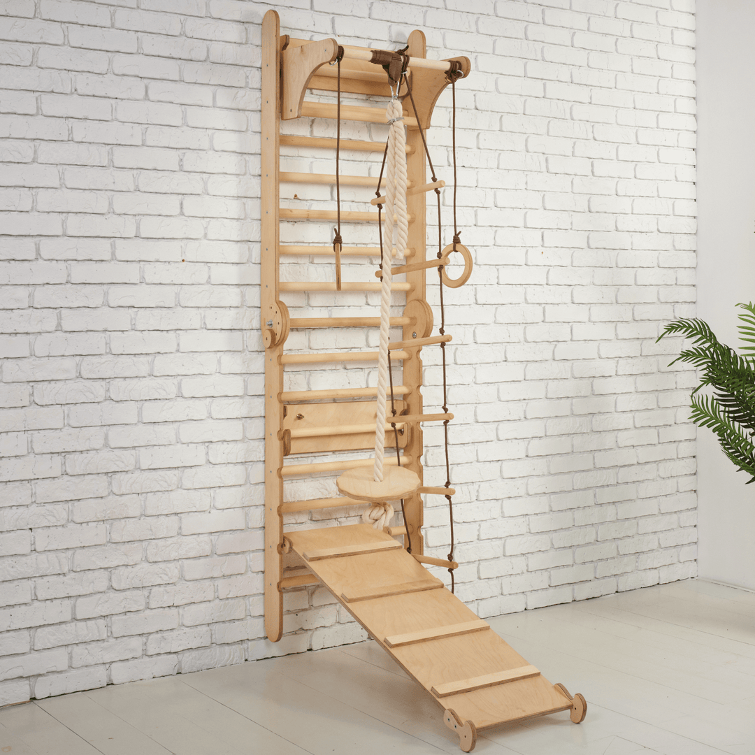 3 In 1 Climbing Set: Adjustable Pikler Triangle + Swedish Ladder Wall Attachments + Reversible Ramp + Swing Set