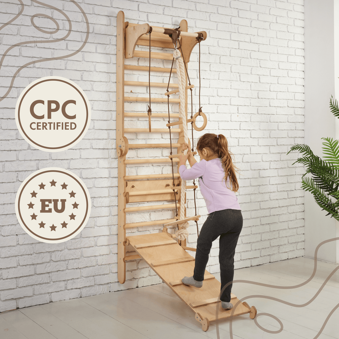 3 In 1 Climbing Set: Adjustable Pikler Triangle + Swedish Ladder Wall Attachments + Reversible Ramp + Swing Set