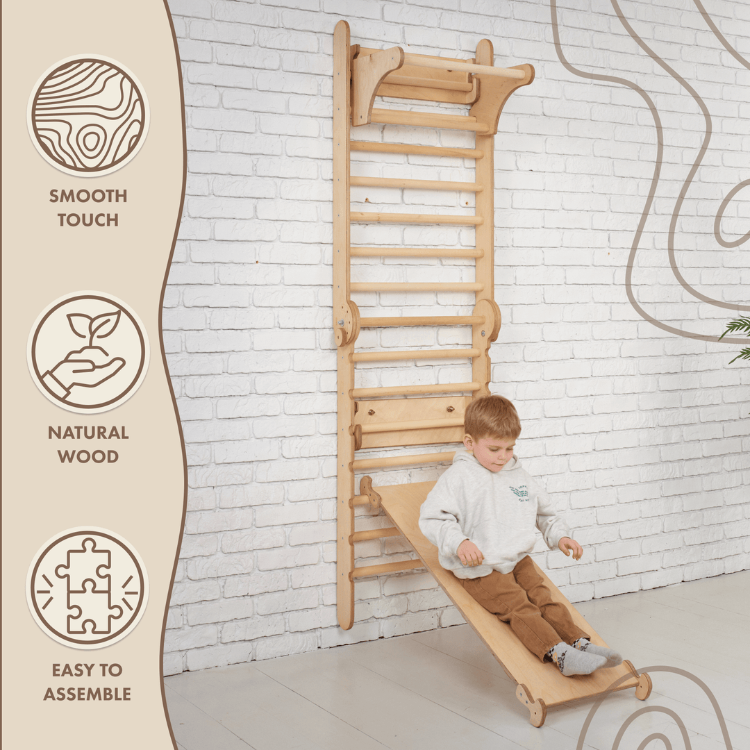 3 In 1 Climbing Set: Adjustable Pikler Triangle + Swedish Ladder Wall Attachments + Reversible Ramp + Swing Set