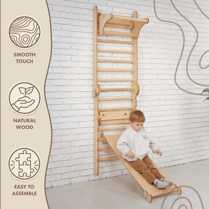 3 In 1 Climbing Set: Adjustable Pikler Triangle + Swedish Ladder Wall Attachments + Reversible Ramp + Swing Set