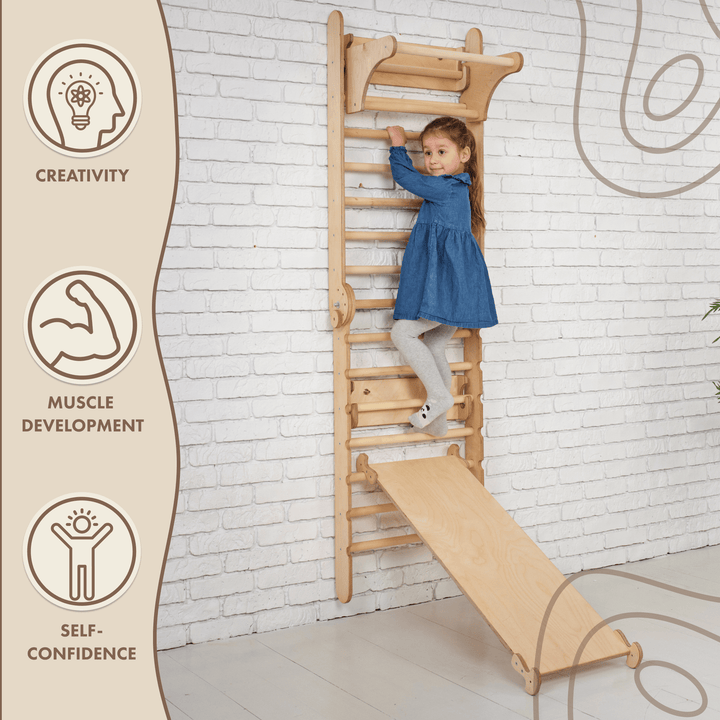 3 In 1 Climbing Set: Adjustable Pikler Triangle + Swedish Ladder Wall Attachments + Reversible Ramp + Swing Set