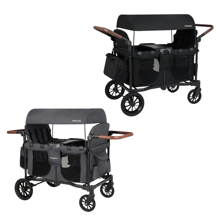 Two strollers, one black and one gray, on a white background
