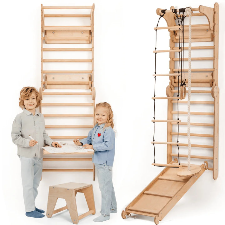 5 in 1 Swedish Wall Climbing Set with Triangle, Ramp, Swing and Desk